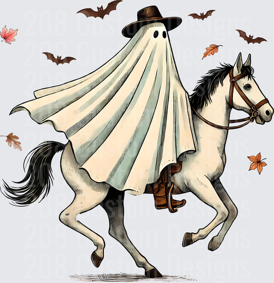 Halloween Ghost Cowboy Riding Horse with Bats and Fall Leaves