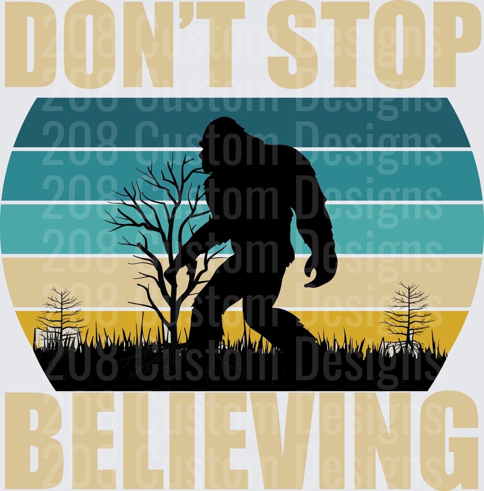 Don't Stop Believing Bigfoot Sasquatch Retro Sunset Silhouette