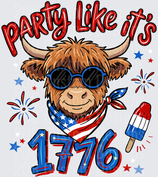 Party Like It's 1776 Highland Cow with Sunglasses and American Flag Bandana