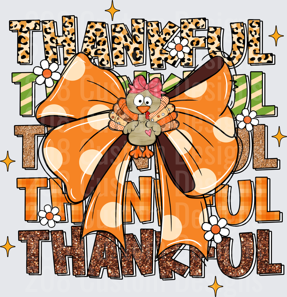 Thankful Stacked Cute Turkey Orange Polka Dot Bow