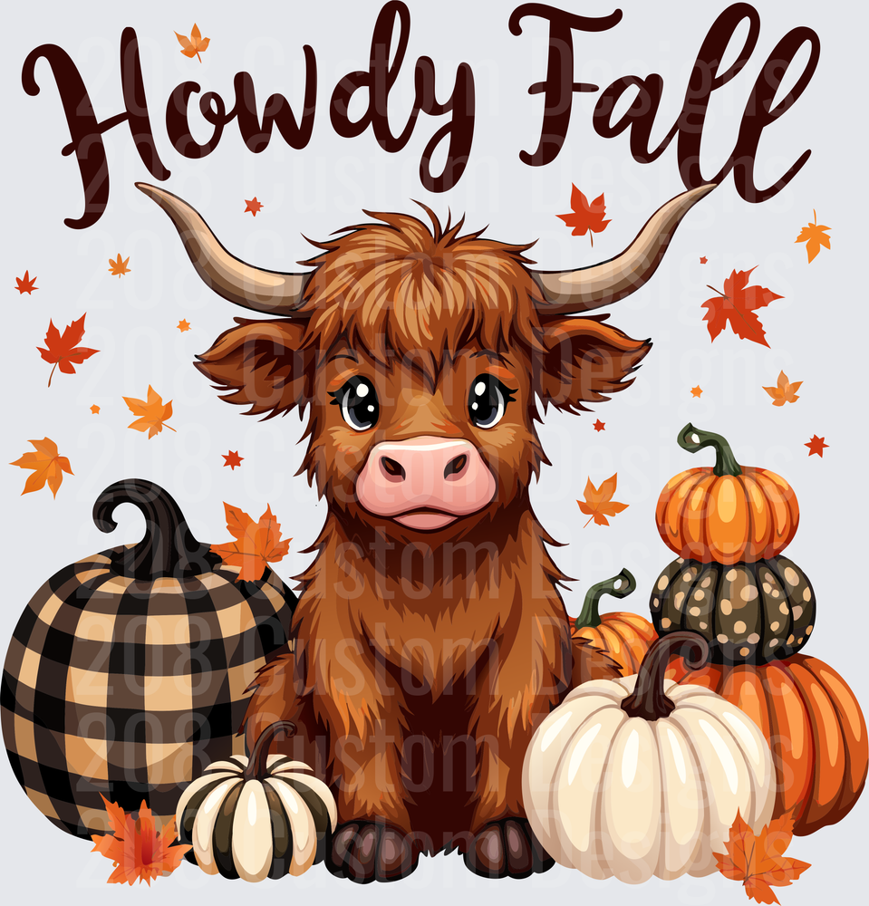 Howdy Fall Highland Cow with Autumn Pumpkins and Leaves