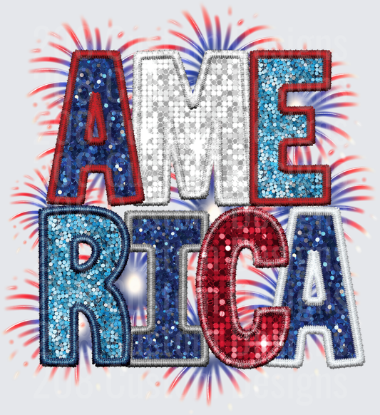 Patriotic America Sequined Letters with Red White Blue Fireworks