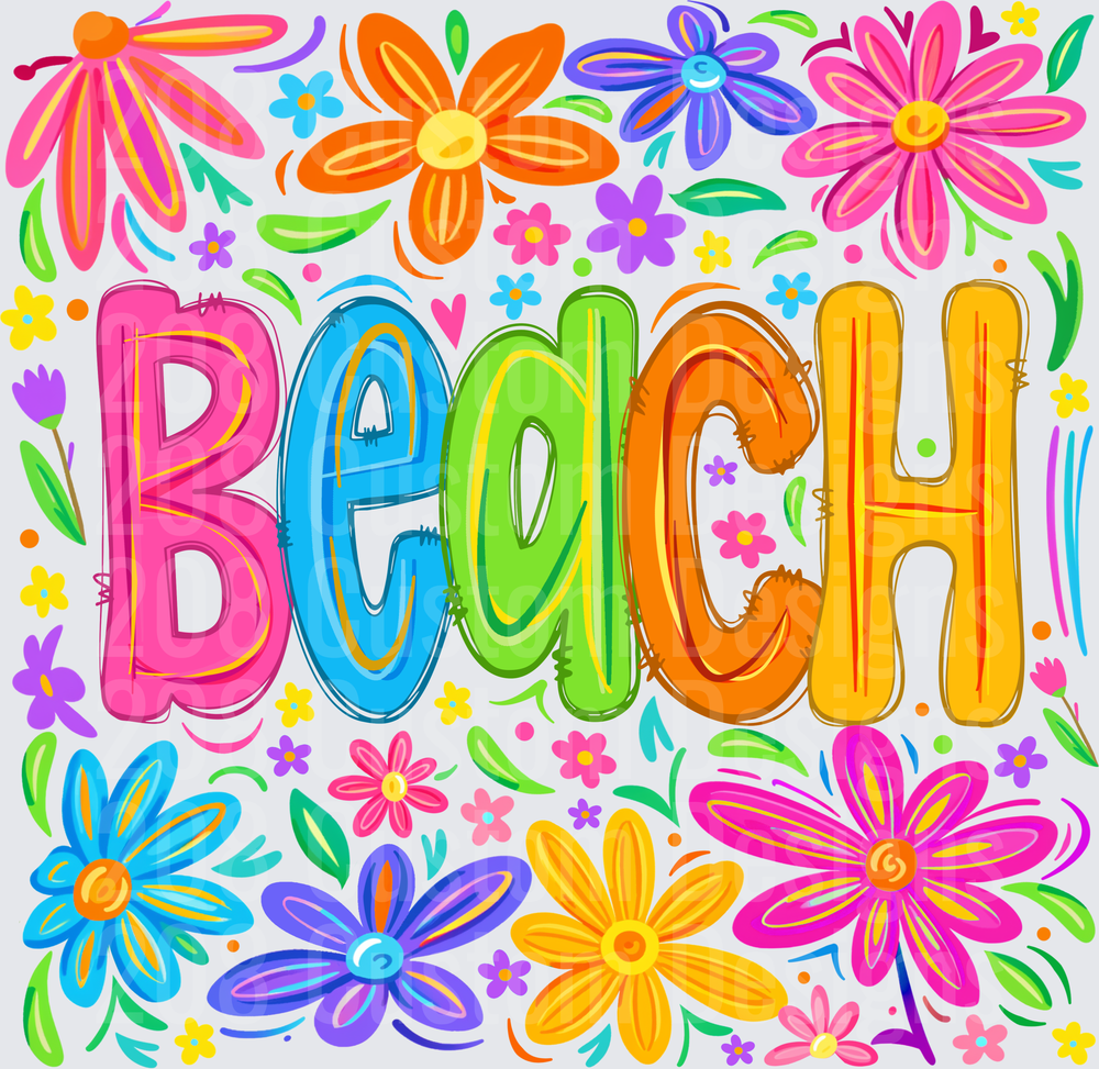 Colorful Beach Text with Vibrant Tropical Flowers and Leaves