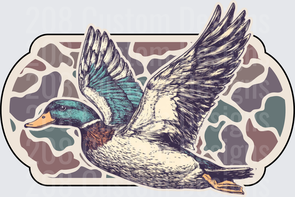 Flying Mallard Duck on Camouflage Background