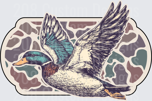 Flying Mallard Duck on Camouflage Background
