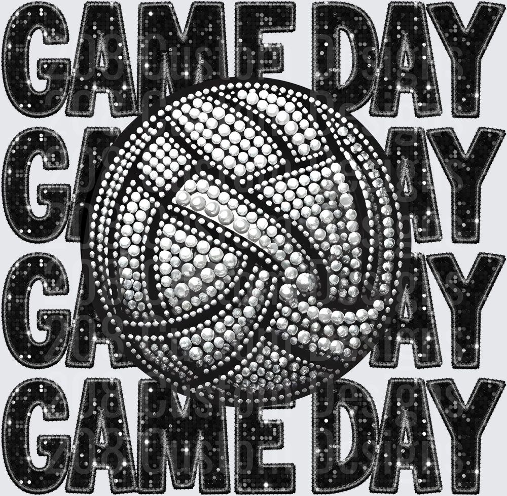 Game Day Rhinestone Volleyball Stacked Sequin Letters Black