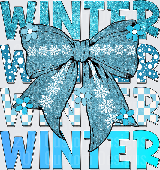 Winter Wonderland Blue Bow with Snowflakes and Flowers