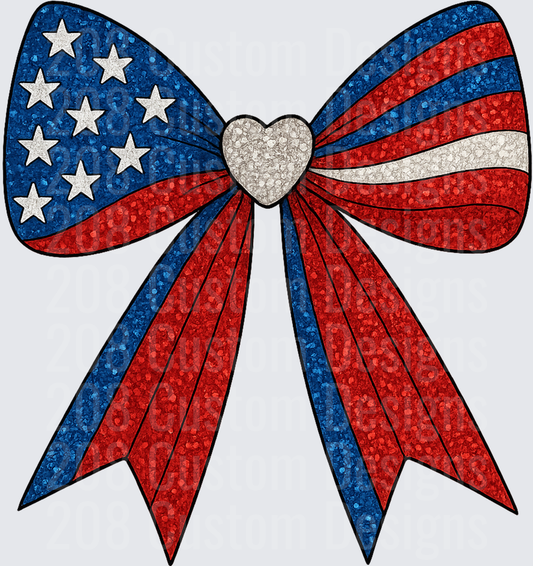 Patriotic American Flag Bow with Heart Center and Stars