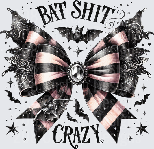 Bat Shit Crazy Gothic Black Pink Striped Bow with Bats