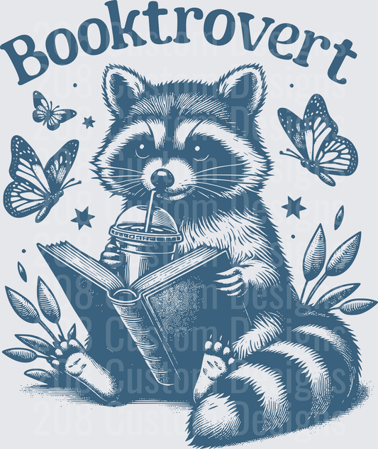 Booktrovert Raccoon Reading Book with Coffee and Butterflies