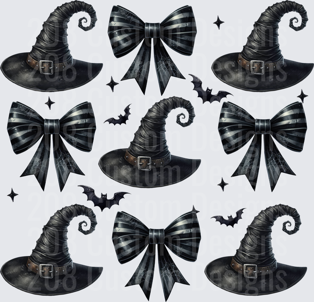 Gothic Halloween Witch Hats Striped Bows Bats Spiderwebs