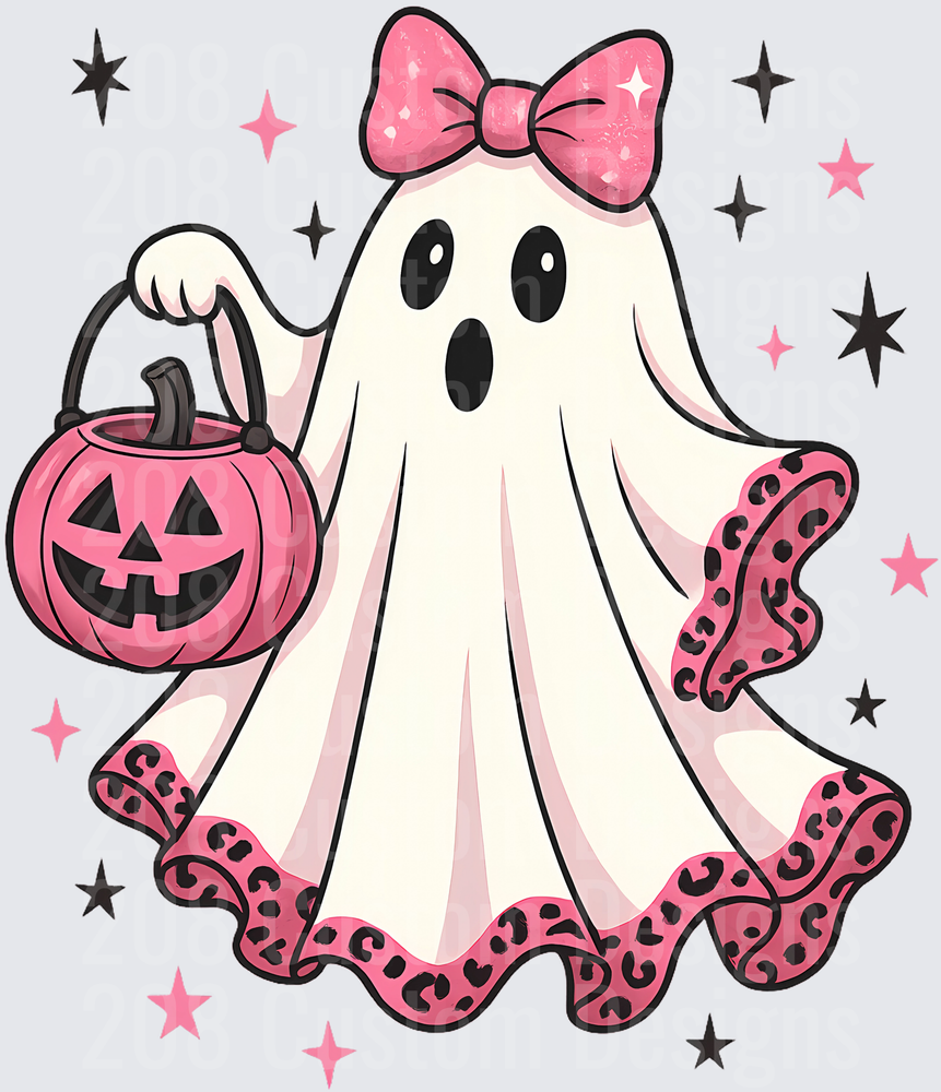 Cute Halloween Ghost Pink Bow Leopard Trim Pumpkin Bucket