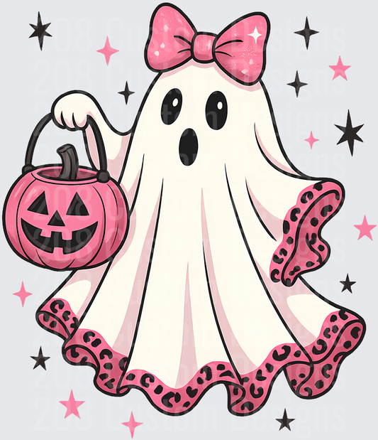 Cute Halloween Ghost Pink Bow Leopard Trim Pumpkin Bucket
