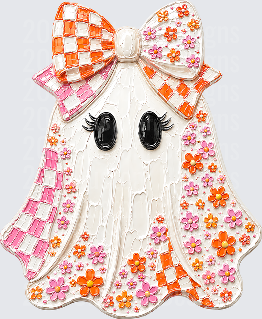 Cute Ghost Girl Checkered Bow Retro Floral Halloween