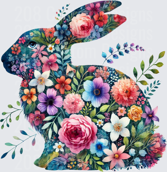 Watercolor Floral Rabbit Silhouette with Roses and Wildflowers