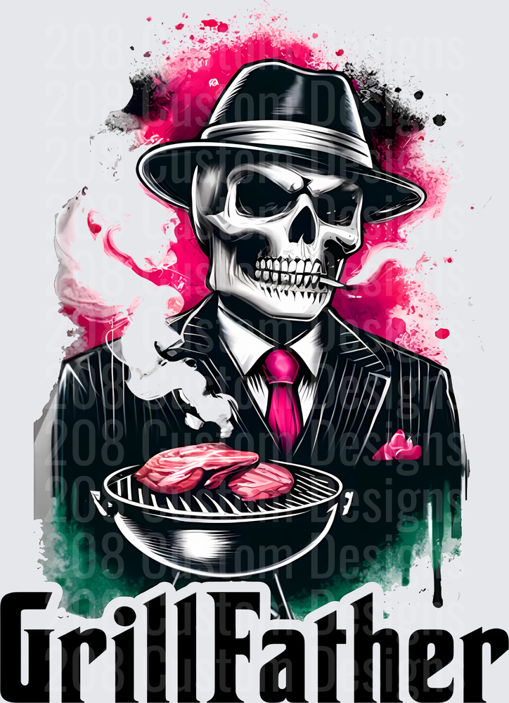GrillFather Skull in Fedora and Suit BBQ Grilling Design