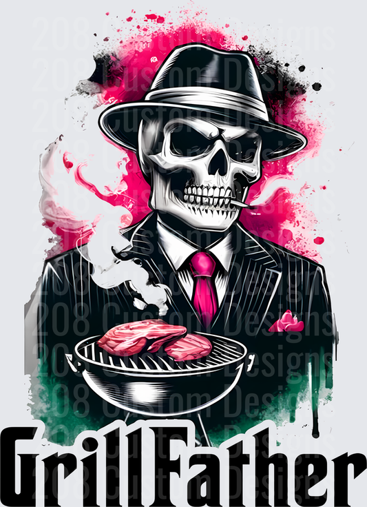 GrillFather Skull in Fedora and Suit BBQ Grilling Design
