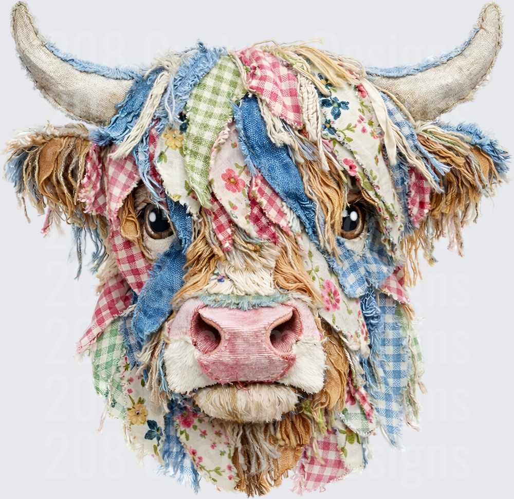 Highland Cow with Colorful Fabric Patchwork and Fringe