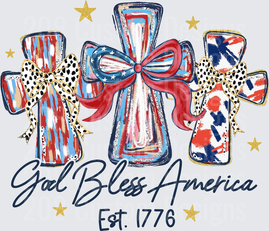 God Bless America Est. 1776 Patriotic Crosses with Leopard Print and Red Bow