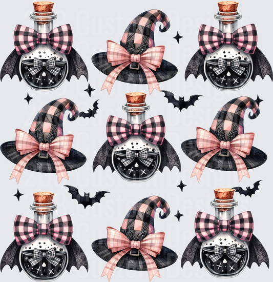 Pink Black Plaid Witch Hat Potion Bottle Bat Halloween