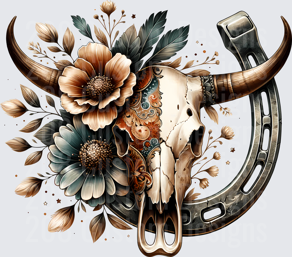 Rustic Bull Skull with Horseshoe and Wildflower Bouquet