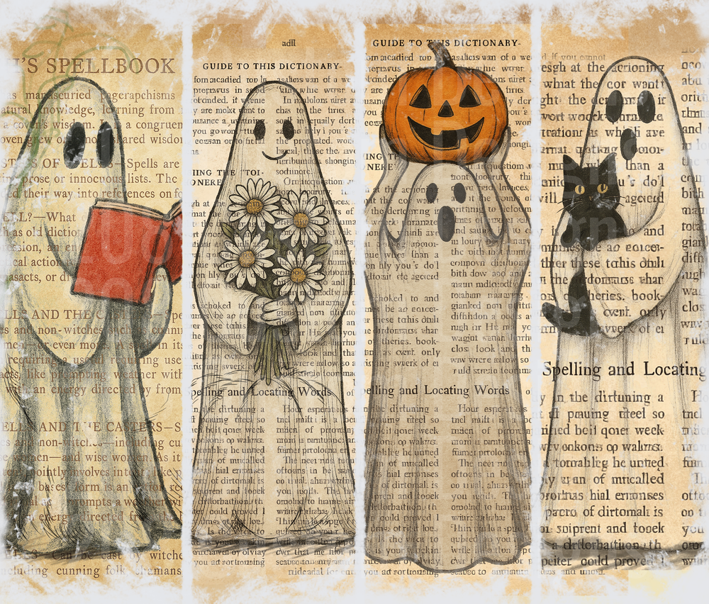 Four Halloween Ghosts on Vintage Pages