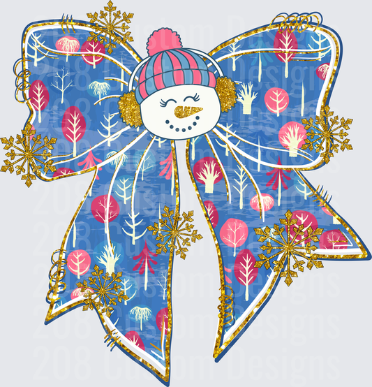 Snowman with Winter Hat Blue Bow Pink Tree Pattern Gold Snowflakes