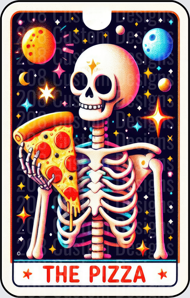 The Pizza Tarot Card Skeleton with Cosmic Space Background