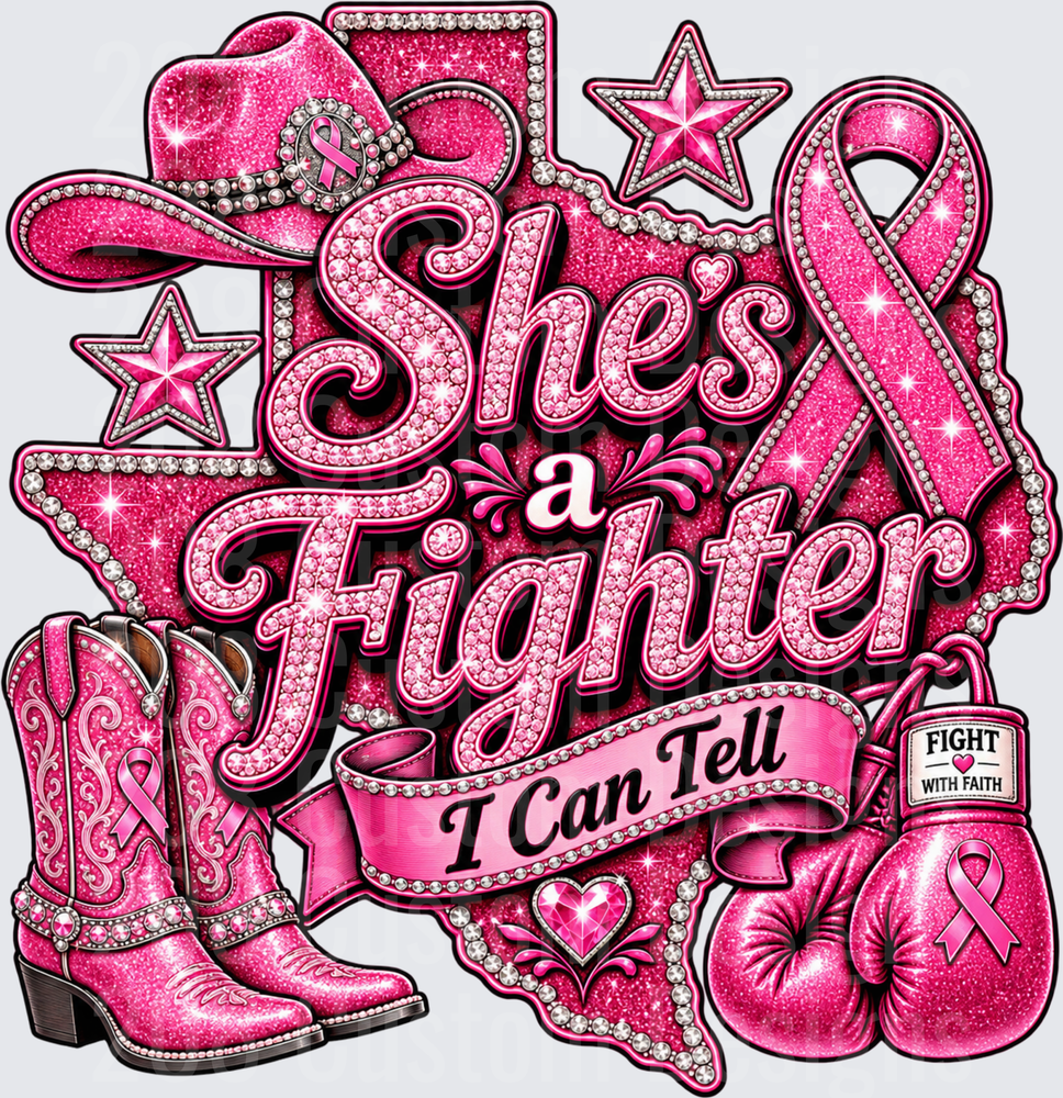 She's A Fighter I Can Tell Breast Cancer Awareness Pink Glitter Cowboy Boots Boxing Gloves