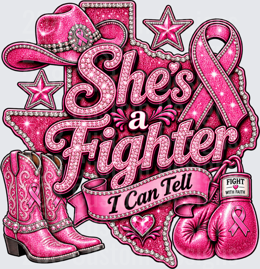 She's A Fighter I Can Tell Breast Cancer Awareness Pink Glitter Cowboy Boots Boxing Gloves