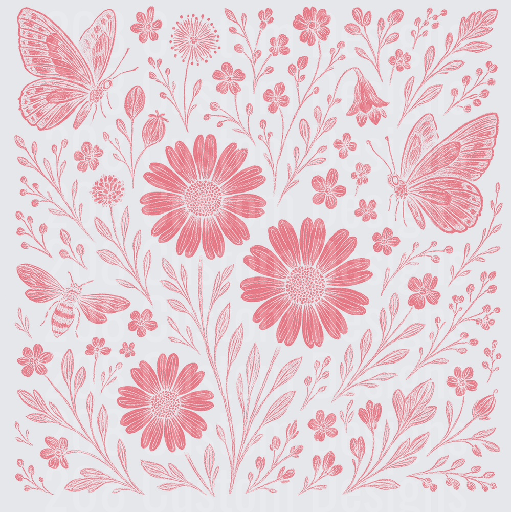 Pink Hand-Drawn Botanical Garden with Daisies Butterflies and Bee