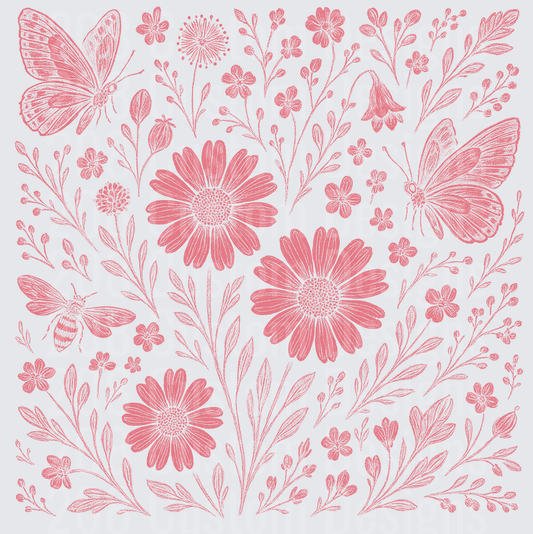 Pink Hand-Drawn Botanical Garden with Daisies Butterflies and Bee