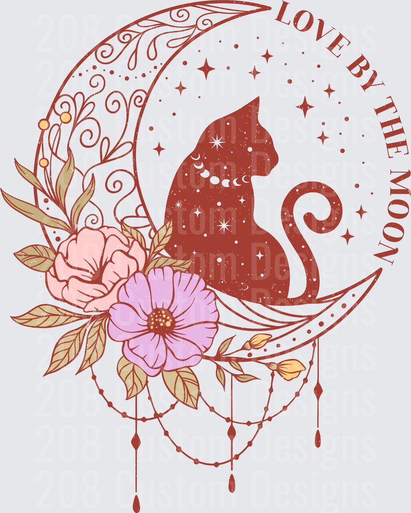 Love by the Moon Mystical Cat with Celestial Flowers and Stars