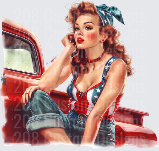 Patriotic Pin-Up Girl with Red Vintage Truck and American Flag