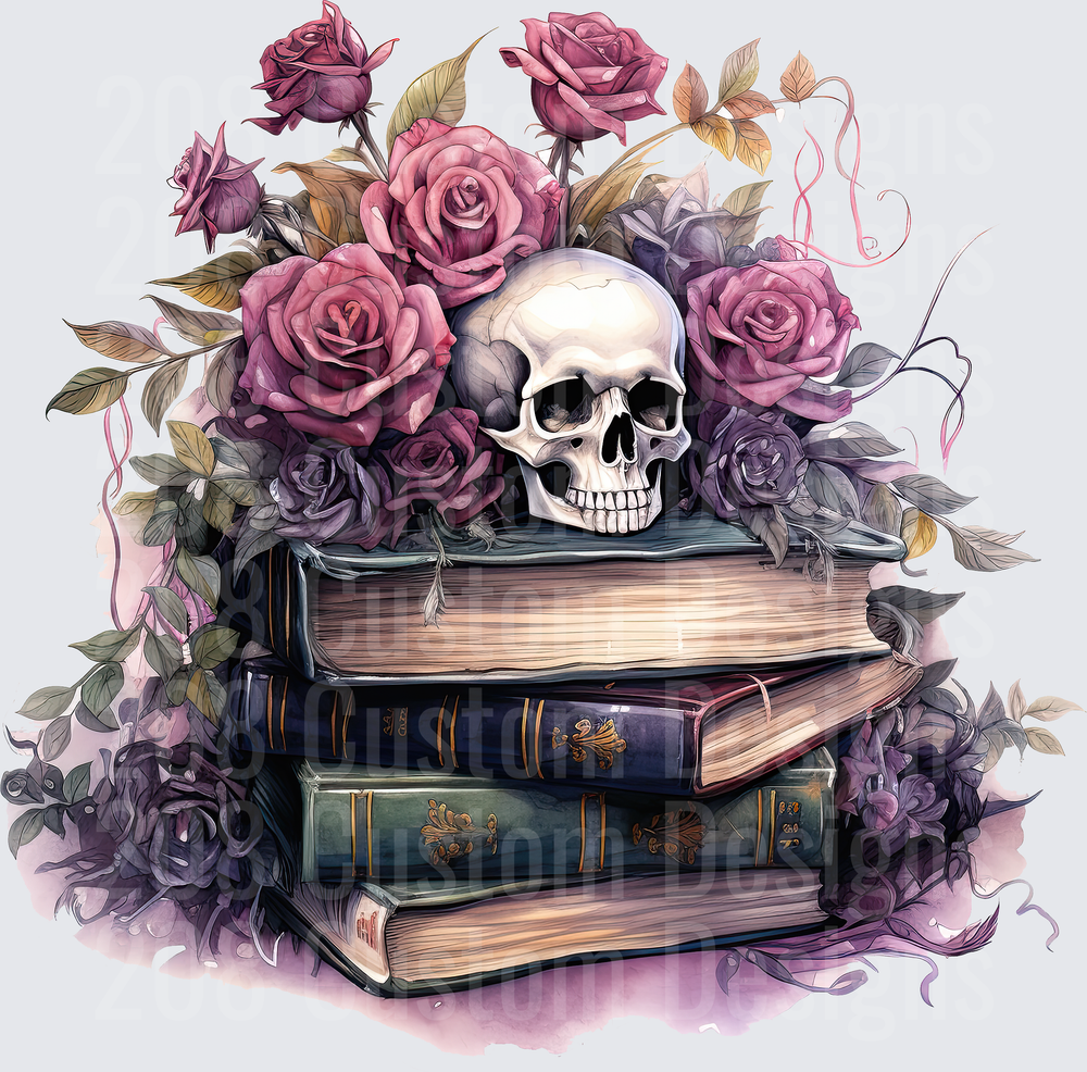 Gothic Skull Stacked Books Pink Purple Roses Floral