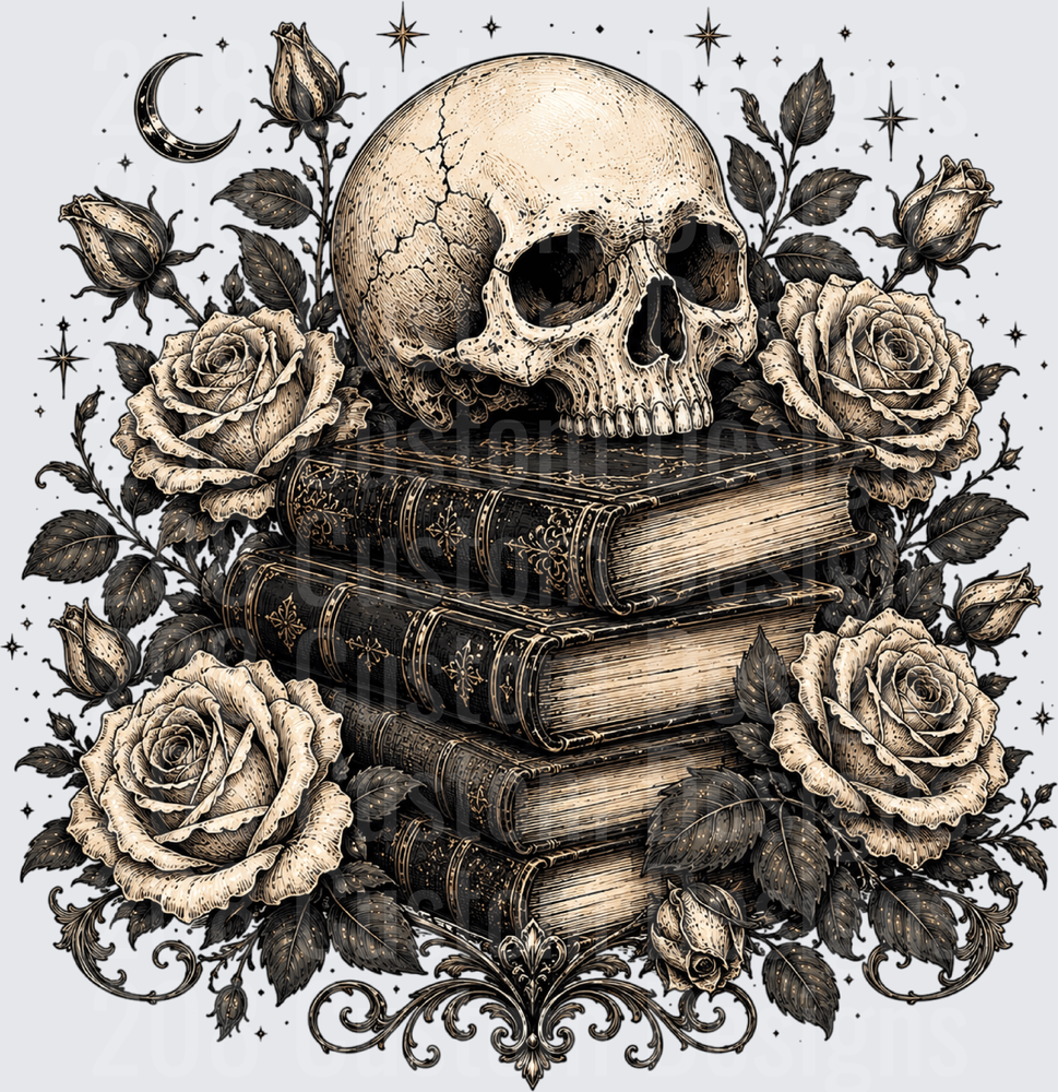 Gothic Skull Stacked Ancient Books Roses Crescent Moon Stars