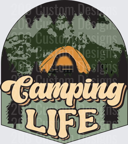 Camping Life Orange Tent Forest Mountains Badge Design