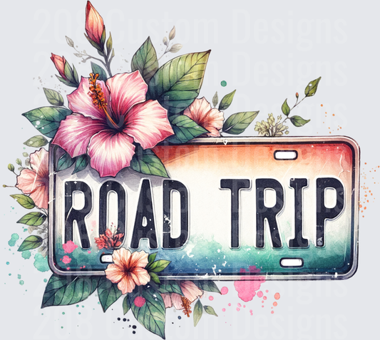 Road Trip License Plate with Tropical Hibiscus Flowers