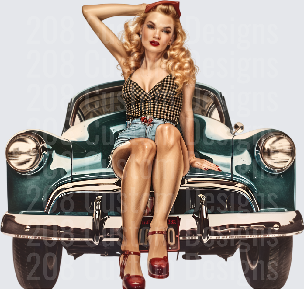 Vintage Pin-Up Girl with Classic Green Car Retro Rockabilly