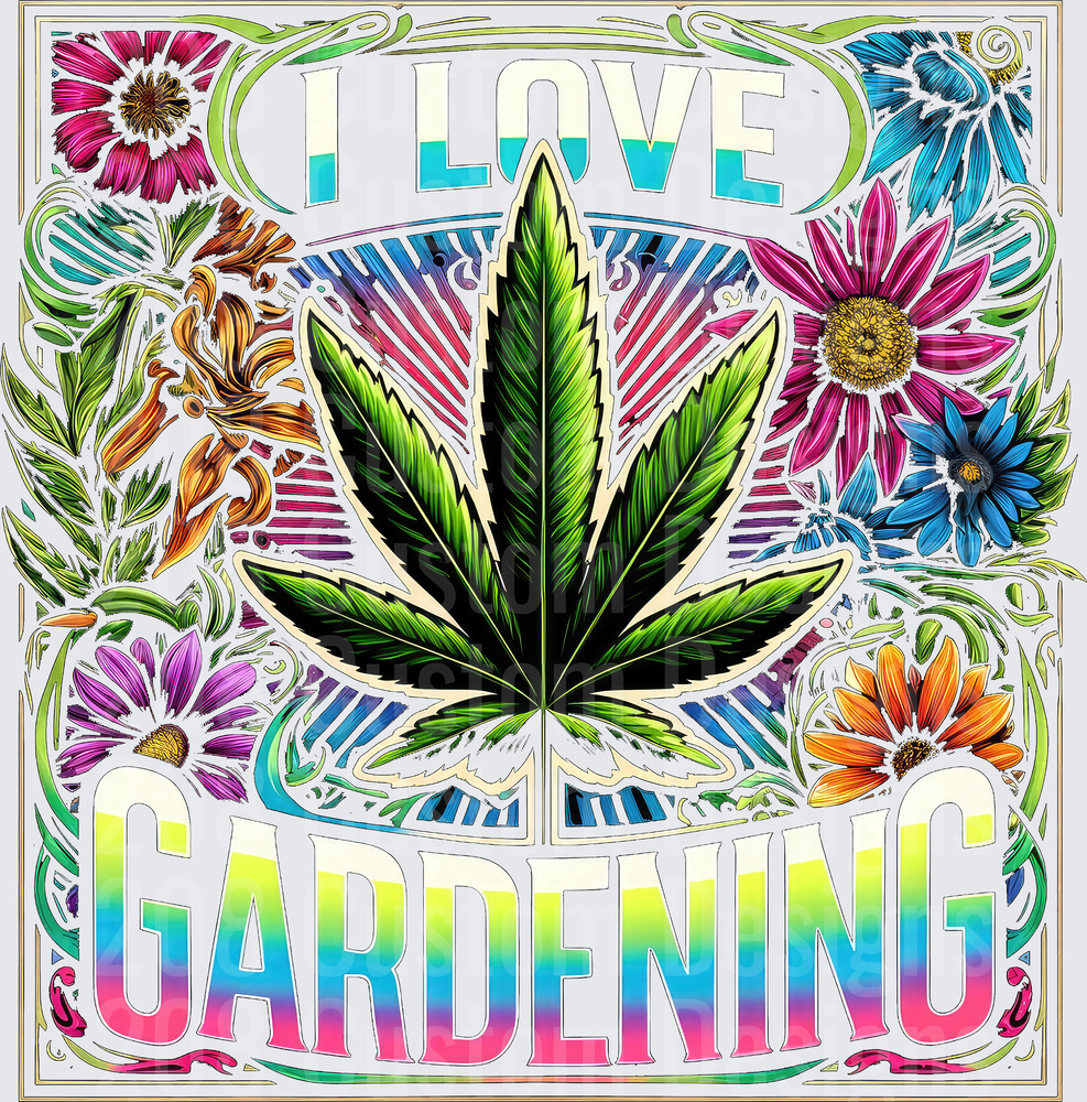 I Love Gardening Cannabis Leaf with Colorful Flowers Design