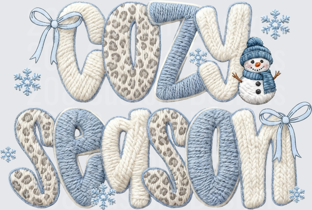 Cozy Season Knitted Text with Snowman and Snowflakes