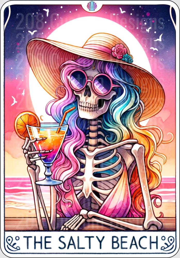 Skeleton Girl with Rainbow Hair Drinking Cocktail at Beach