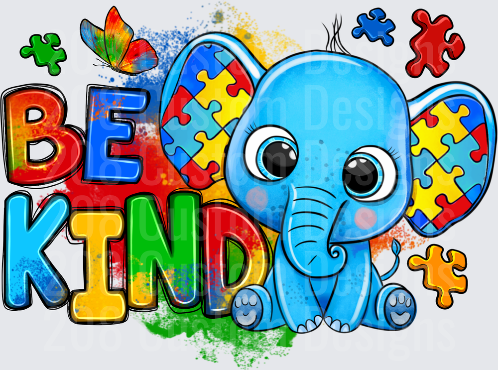 Be Kind Autism Awareness Elephant with Puzzle Pieces