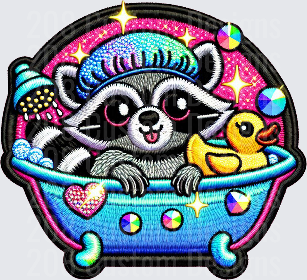 Cute Raccoon Taking Bath with Rubber Duck and Rainbow Bubbles