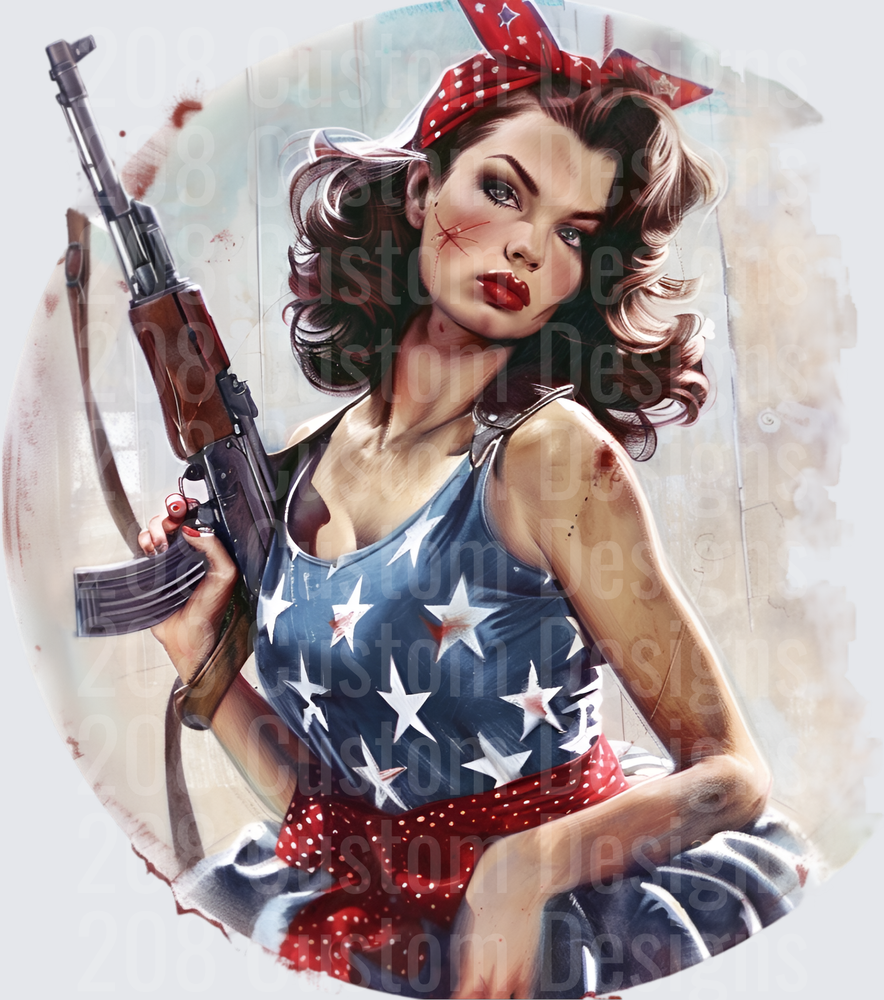 Patriotic Pin-Up Girl with AK-47 Red Bandana Vintage Style