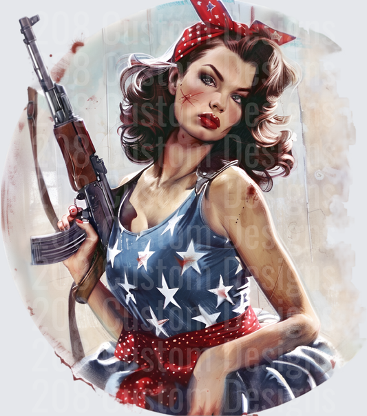 Patriotic Pin-Up Girl with AK-47 Red Bandana Vintage Style