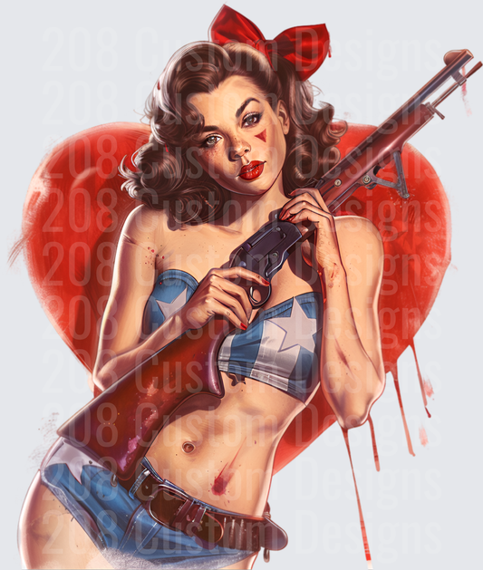 Pin-Up Girl with Tommy Gun and Red Hair Bow