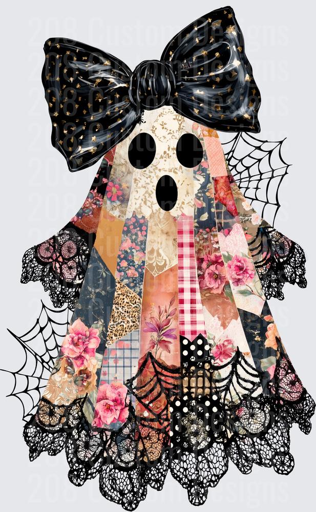 Boho Patchwork Ghost Black Lace Bow Spiderweb Halloween