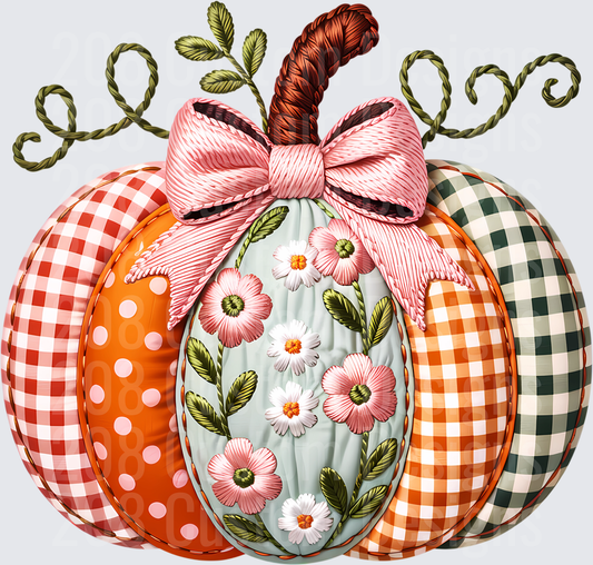 Patchwork Pumpkin with Pink Bow and Floral Pattern
