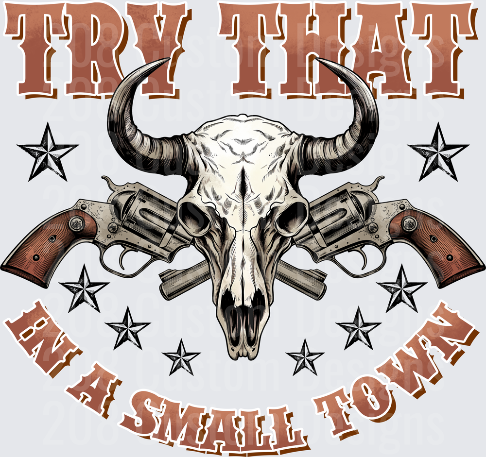 Try Me Outlaw Bull Skull with Crossed Revolvers and Stars